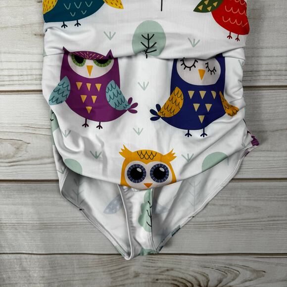White Multicolor Owl Print Halter Top One Piece Swimsuit Size XL - Picture 3 of 5